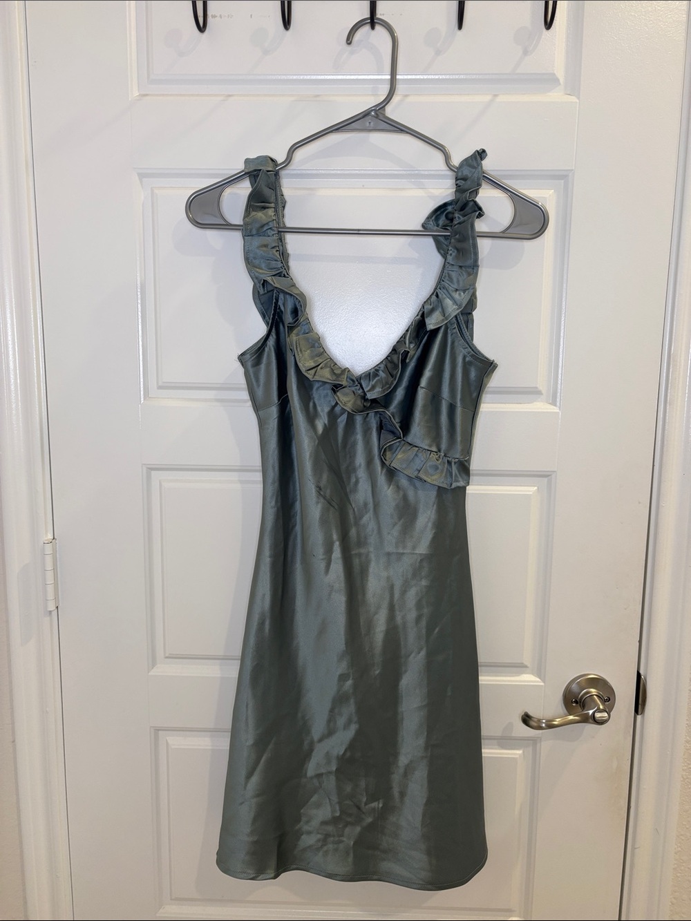 NWT Nasty Gal Sage Green Satin Ruffle Mini Dress Size 4